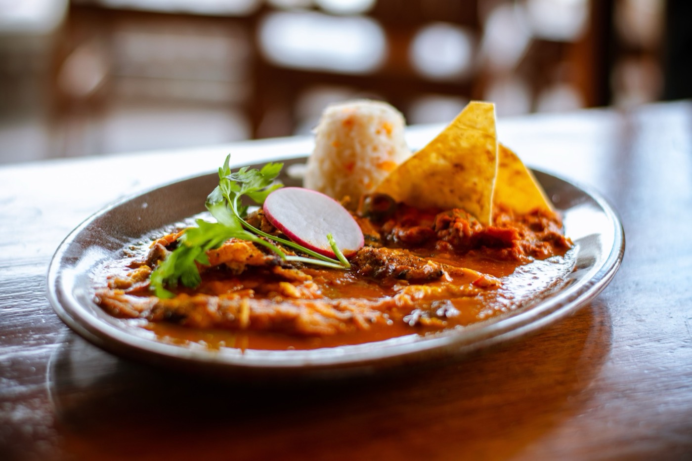 A guisado plate in red sauce with rice, radish, cilantro and a tortilla chip.